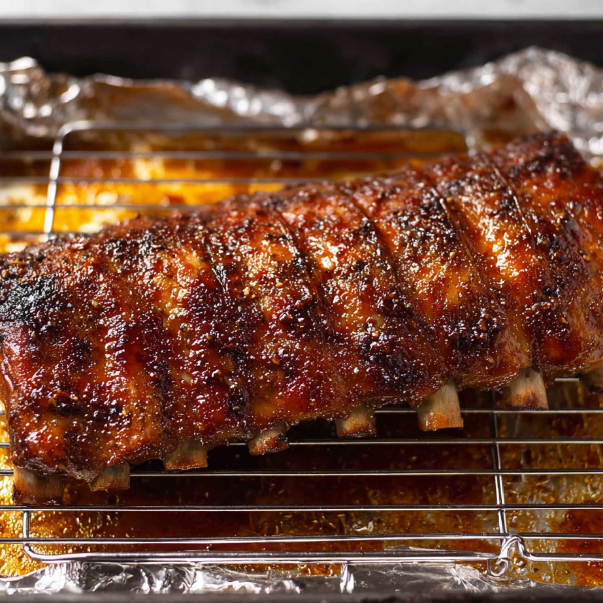 Close up of a rack of ribs in the oven, coated in a beautiful glaze, with the juices sizzling in the tray.