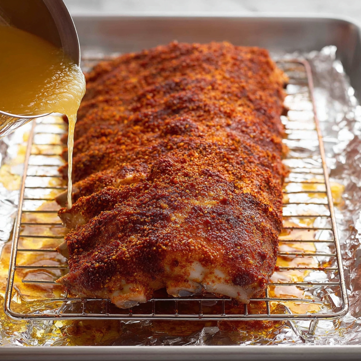 Close up of broth being poured over a spice-rubbed rack of ribs on a wire rack, ready to cook to perfection.