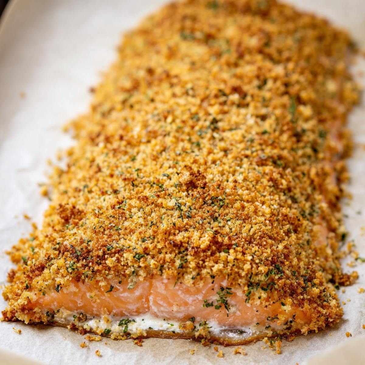 Close up of a baked salmon fillet with a golden, crispy breadcrumb and herb crust on parchment paper, high detail, natural lighting, food photography style, vibrant textures.