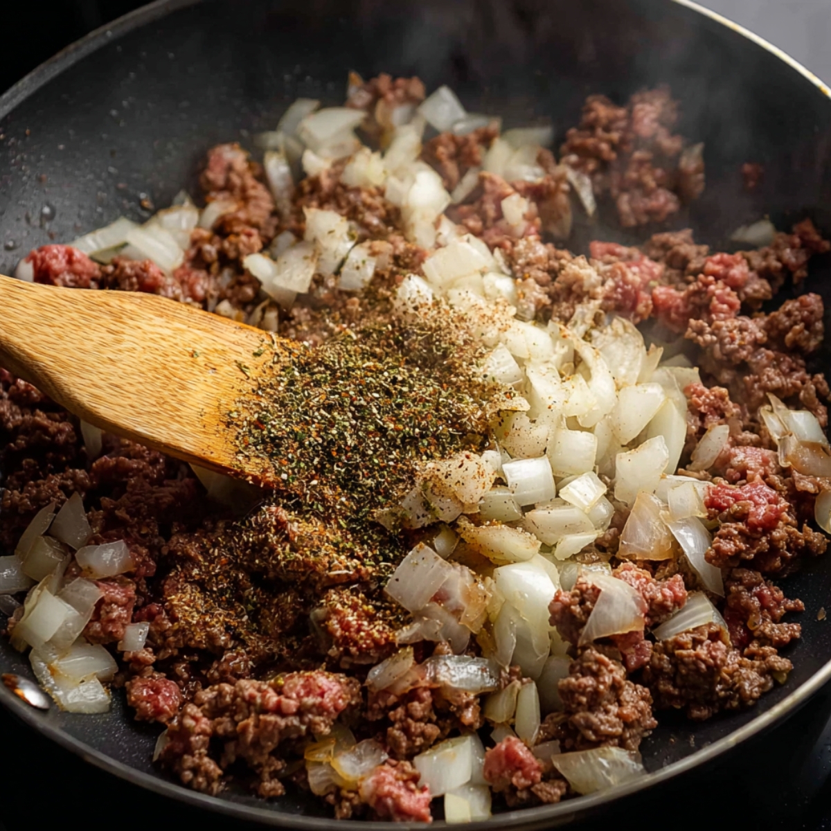 Close up of sautéed ground beef and onions with seasonings, ready to be mixed and cooked to perfection.