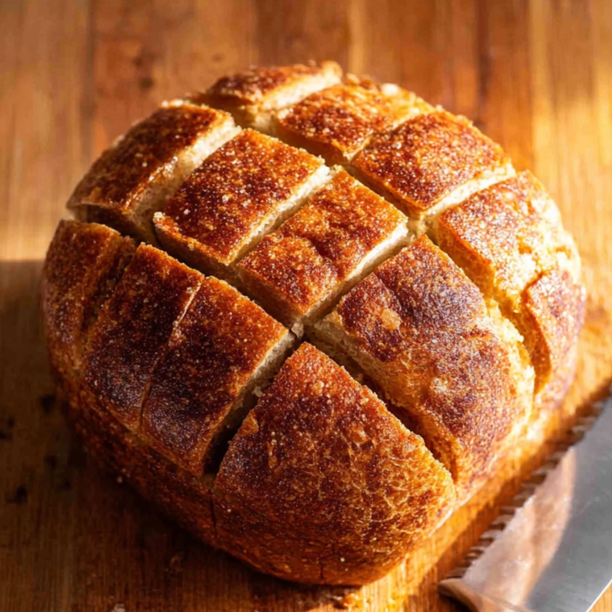Close up of a freshly baked, golden-brown pull-apart bread on a wooden cutting board, scored into squares, with a sharp serrated knife beside it, natural lighting highlighting the crust texture and warm, inviting tones.