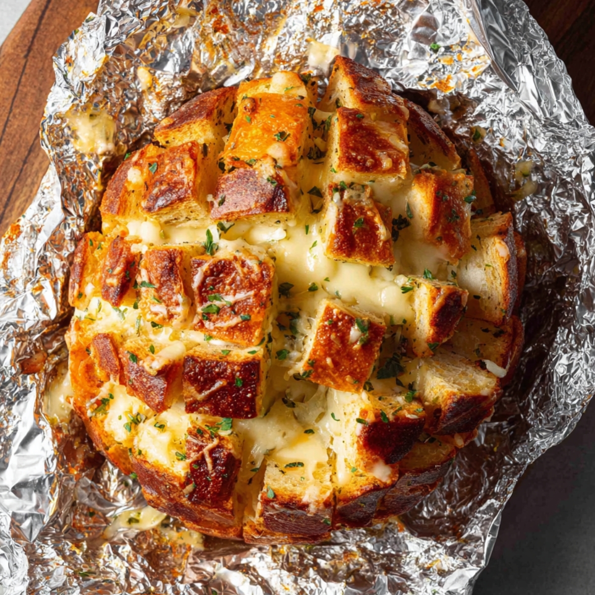 Close up of a golden brown cheesy garlic pull-apart bread on parchment paper, perfectly scored squares filled with melted cheese and herbs, sprinkled with parsley, top-down view, bright natural lighting, detailed food photography, warm and appetizing tones.