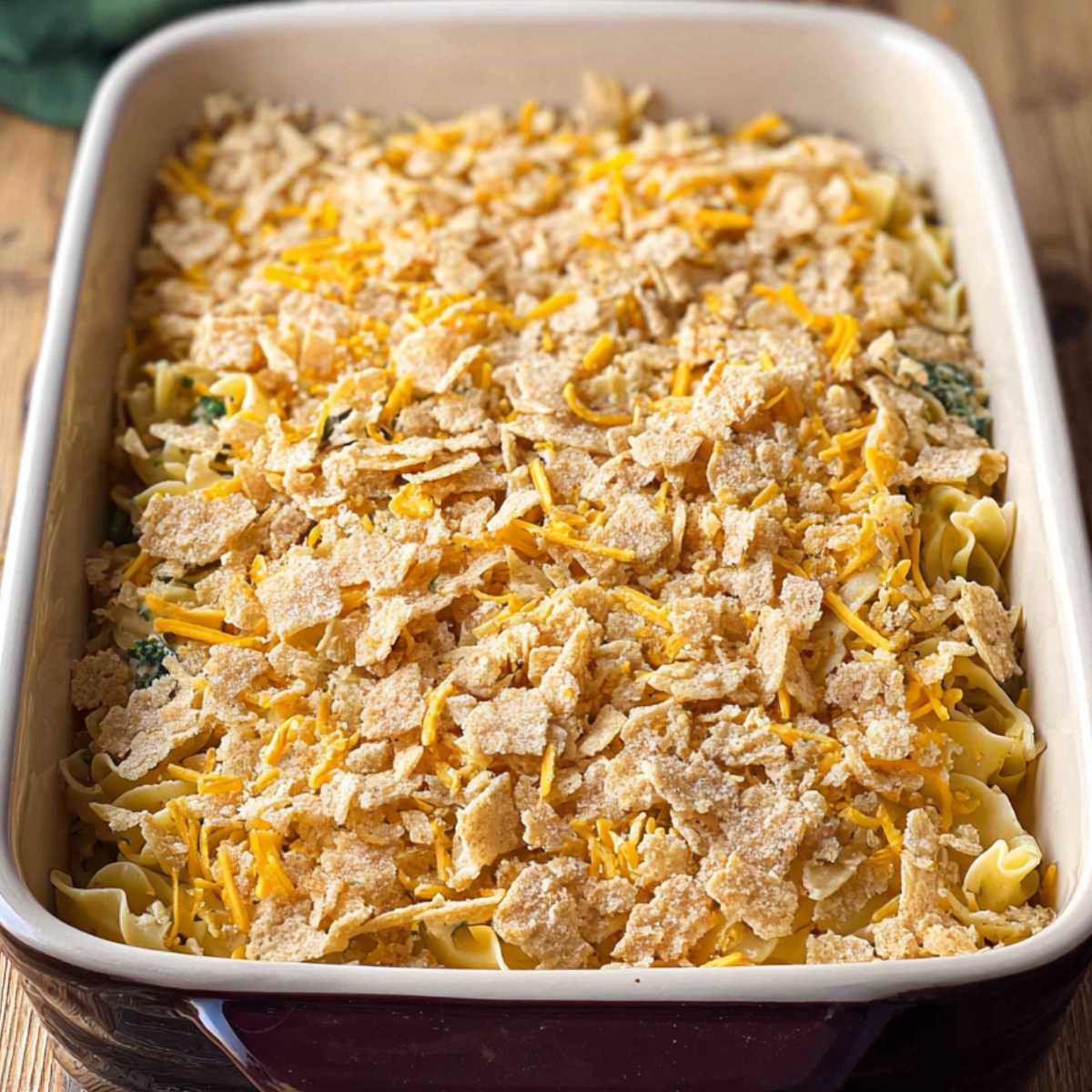 Close up of an unbaked cheesy tuna noodle casserole in a rectangular baking dish, topped with crushed crackers and shredded cheddar cheese, ready to go into the oven, showing the texture of the topping and layers of noodles underneath.