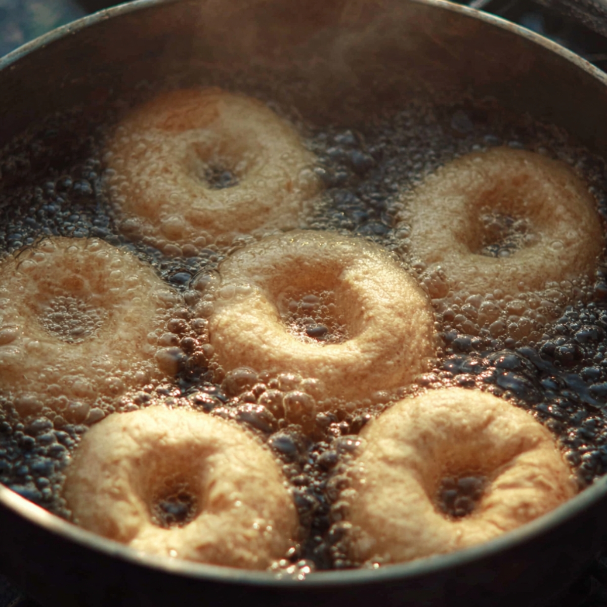 Close Up: Bagels Frying to Golden Perfection