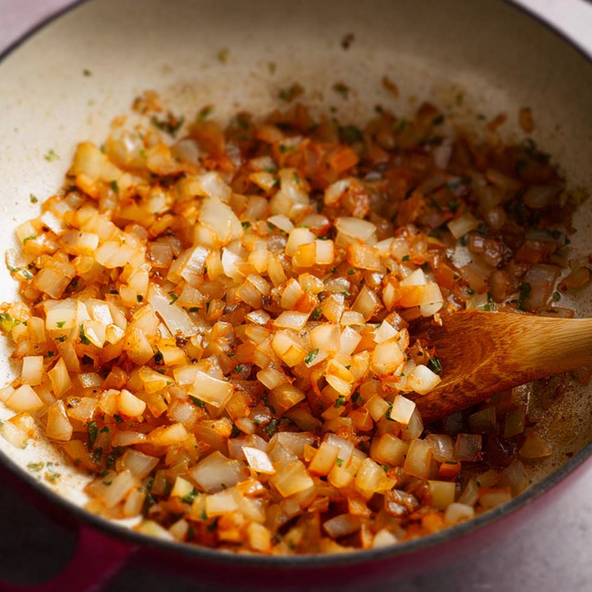 Close up of finely diced onions sautéing in a pan, glistening with oil and lightly caramelizing to a golden-brown color, with visible herbs and spices coating the onions, soft texture, warm lighting, high detail, food photography style, shallow depth of field, rustic kitchen aesthetic