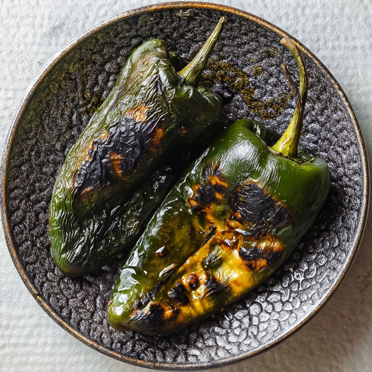 Close up of two roasted poblano peppers with charred, blistered skins resting on a textured gray plate, glossy from heat, deep green with blackened spots, rustic food styling, overhead composition, natural kitchen lighting, rich contrast, minimal background, high detail, authentic homemade cooking scene