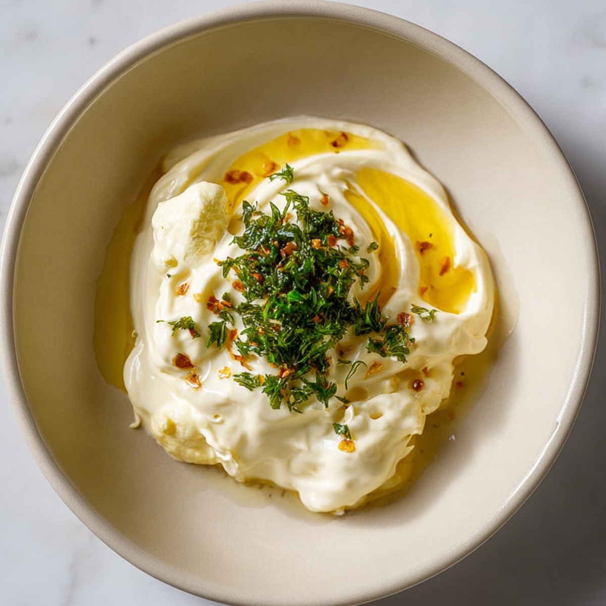 Close up of a creamy mixture in a light ceramic bowl, featuring dollops of mayonnaise, a swirl of yellow mustard, finely chopped fresh herbs sprinkled on top, and a drizzle of oil, set on a clean marble countertop with soft natural lighting and minimal shadows, food photography style, high detail, shallow depth of field.