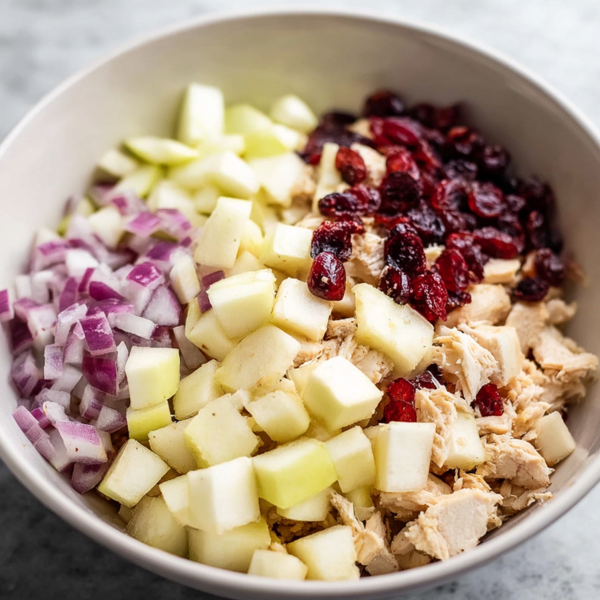 Close up of diced apples, red onion, cranberries, and shredded chicken ready to be mixed into a delicious chicken salad.