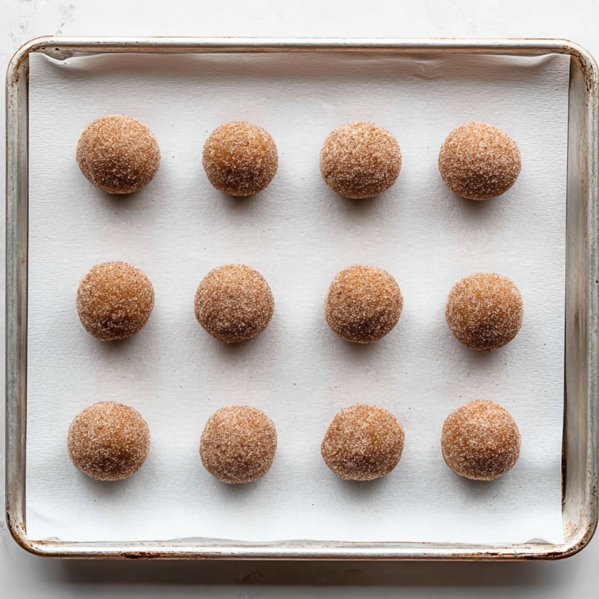 Twelve cinnamon sugar dough balls neatly arranged on a parchment-lined baking tray, ready to bake.