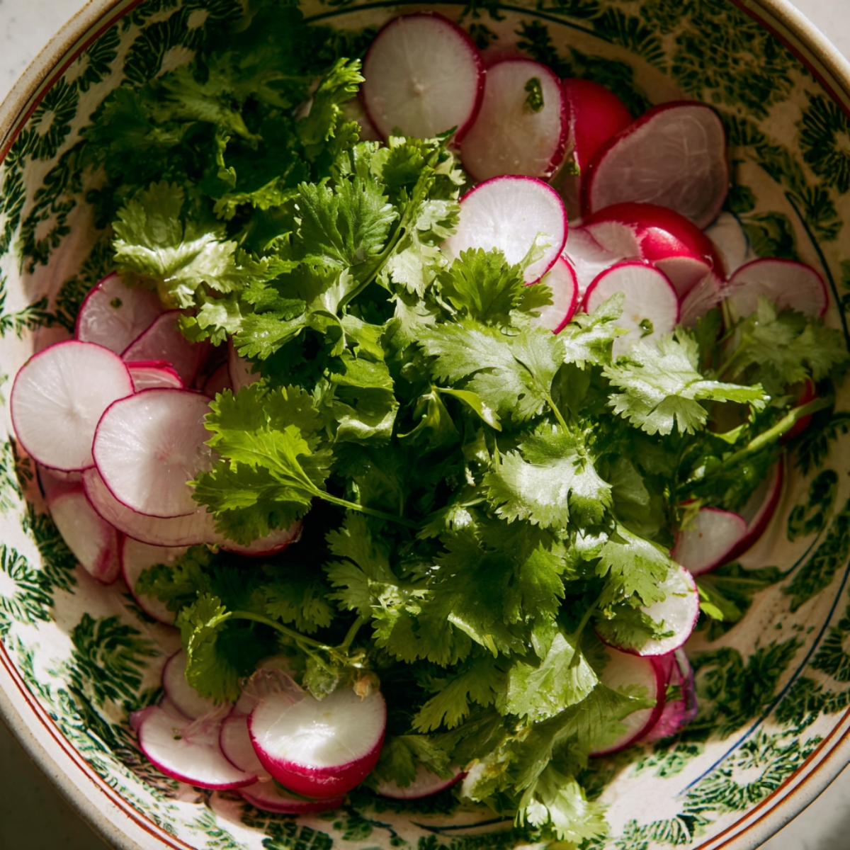 Close up of fresh cilantro leaves and thinly sliced radishes in a decorative bowl, showing vibrant green and red colors, natural lighting, high detail, overhead view, crisp textures of herbs and vegetables.