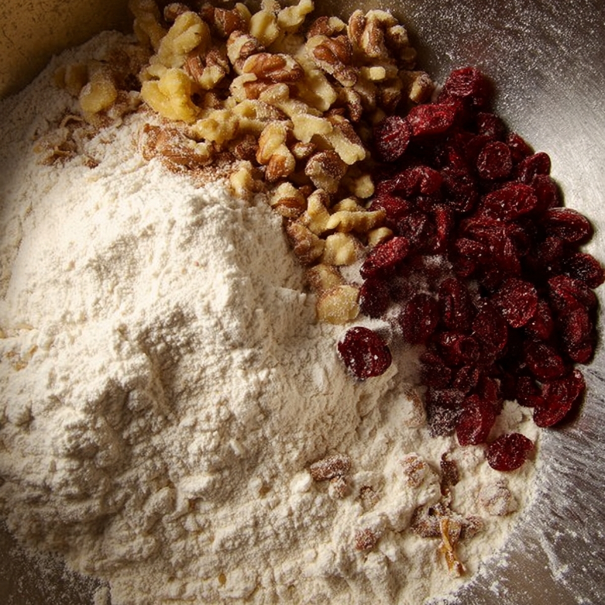 Close up of flour, cranberries, walnuts, and other dry ingredients waiting to be mixed for a delicious homemade bread.