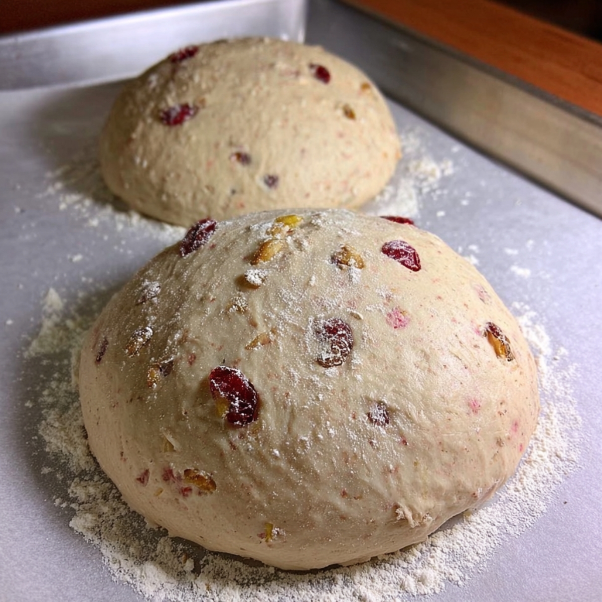Close up of the dough after rising, ready to be shaped and baked into a perfect loaf filled with cranberries and walnuts.