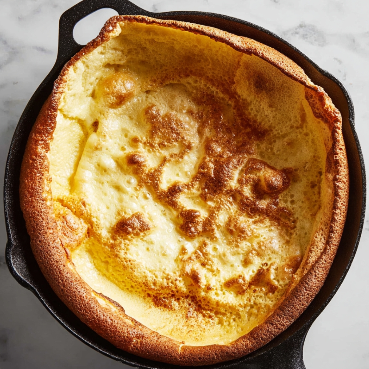 Close up of a golden Dutch baby pancake in a black cast iron skillet, showing fluffy texture and slightly crispy edges, top-down view, natural lighting on a marble countertop.