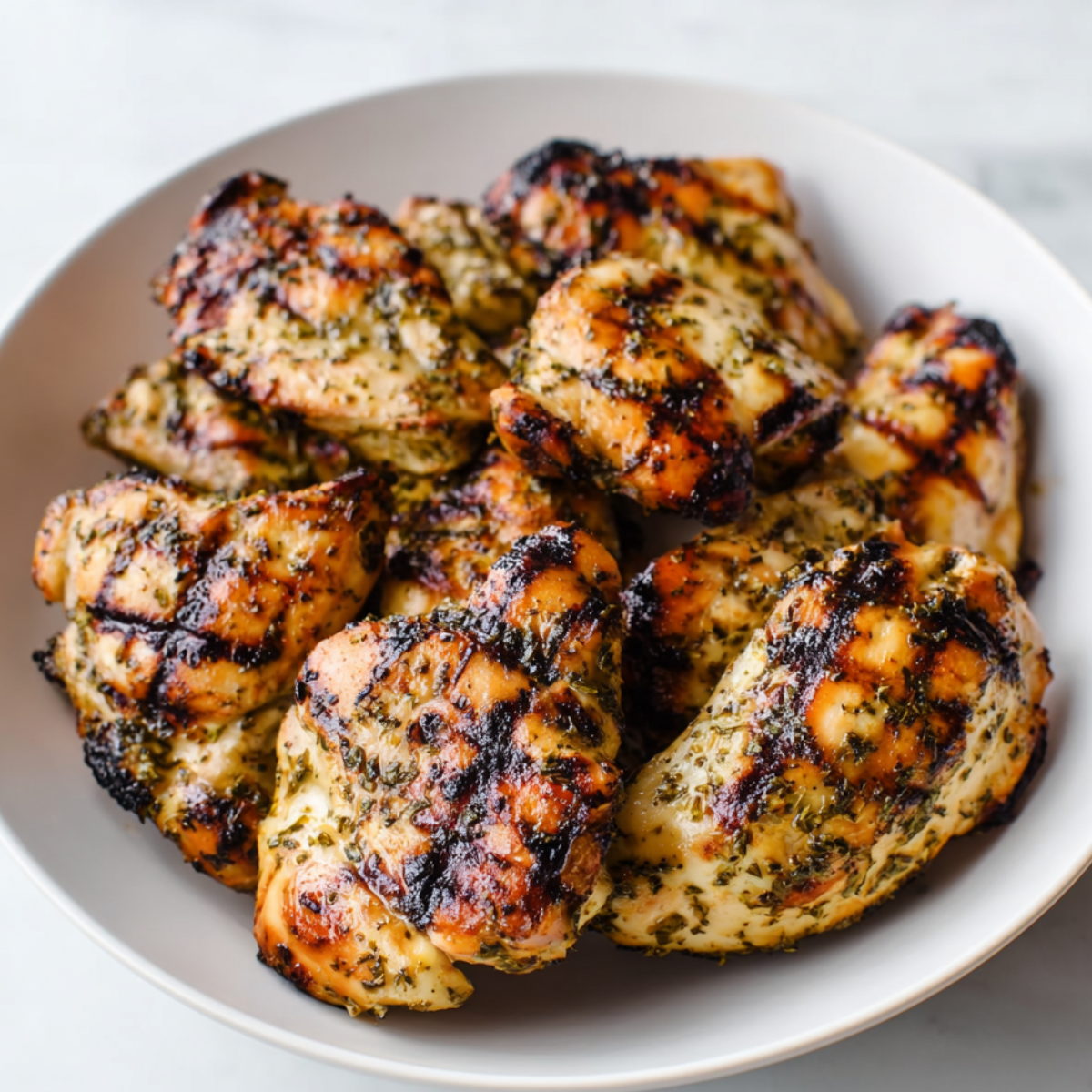 Close up of perfectly grilled chicken pieces with golden-brown sear and charred grill marks, juicy texture and herb seasoning visible, served in a simple white bowl on a light marble surface, natural soft lighting, high detail food photography, warm tones, appetizing and rustic presentation
