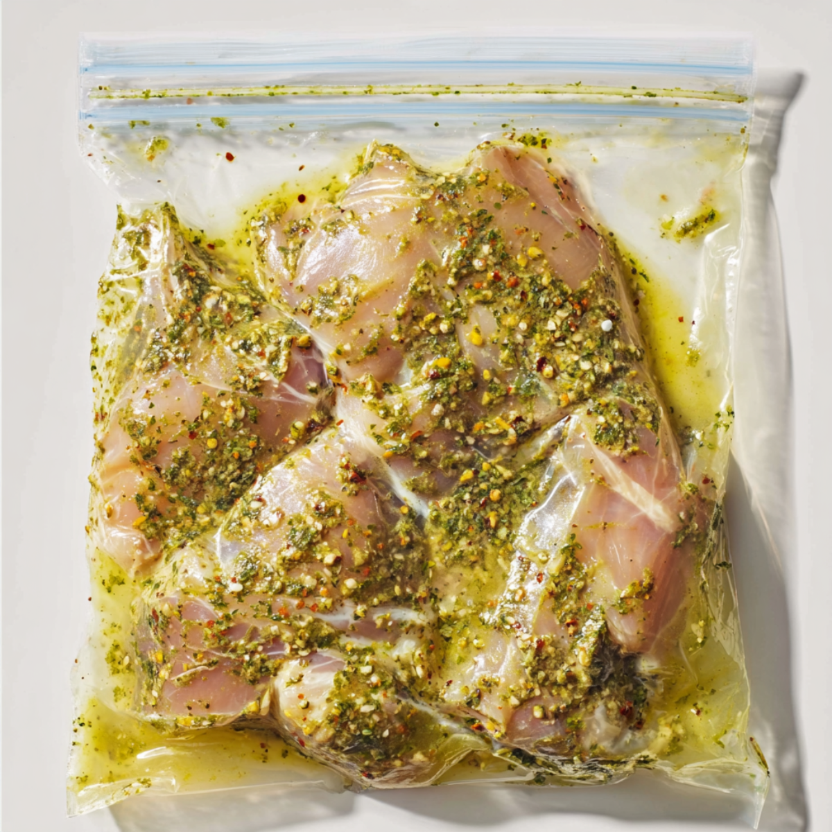 Close up of raw chicken marinating inside a transparent ziplock bag, coated in a creamy green herb marinade with visible spices and seasoning, vibrant texture and glossy surface, top-down view on a clean white background, natural lighting, high detail food preparation scene, fresh ingredients, realistic kitchen photography style