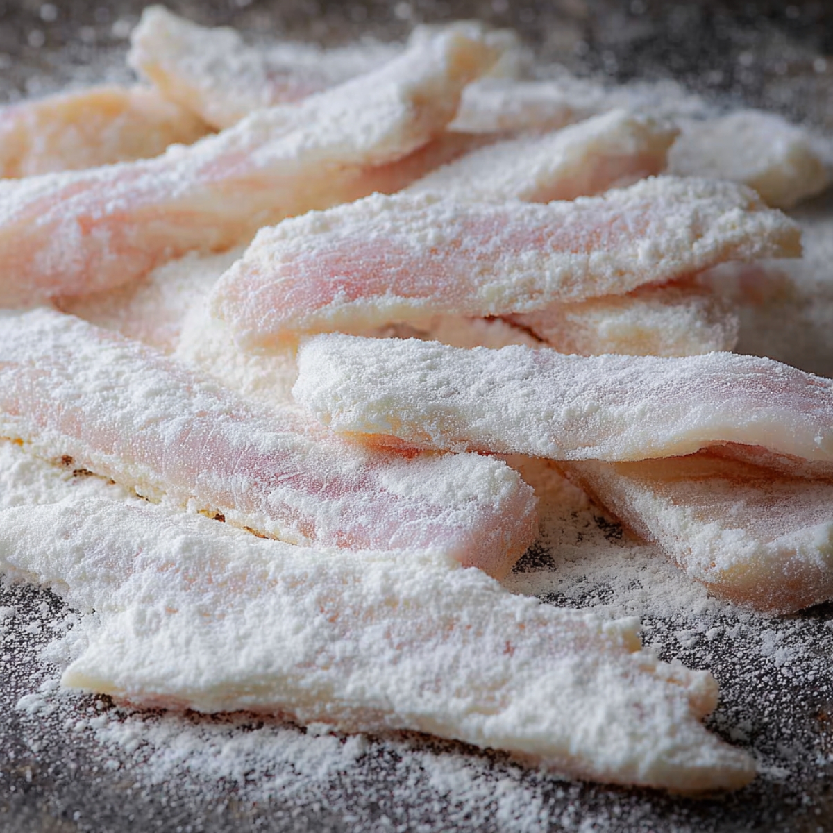 Close up of raw fish fillet strips coated lightly in flour on a work surface, high detail, natural lighting, fresh ingredients, food preparation scene, crisp texture, close-up food photography style