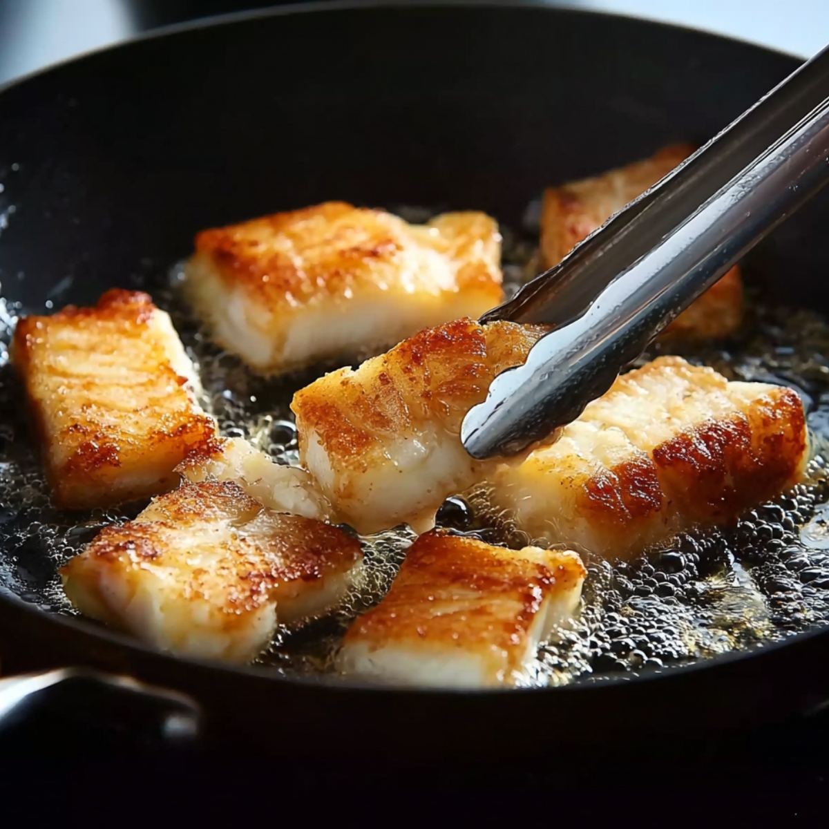 Close up of golden pieces of fish frying in a black skillet, being flipped with metal tongs, sizzling oil, high detail, crisp texture, home cooking scene, natural lighting, appetizing food photography style