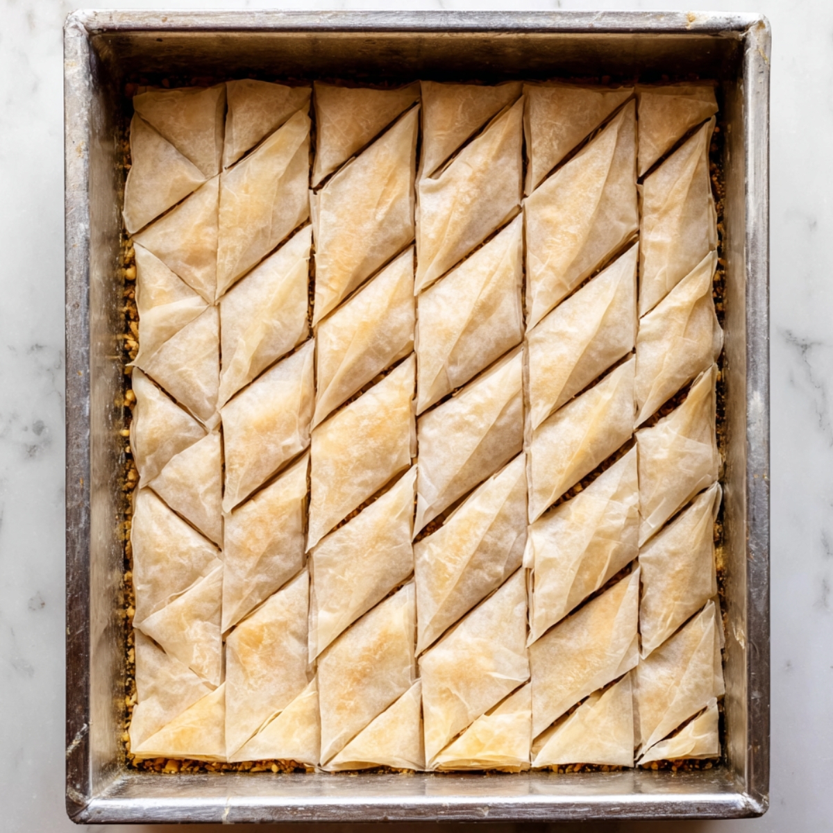 Close up of an unbaked baklava in a rectangular metal baking pan, layers of delicate phyllo dough cut into neat diamond shapes, top-down view on a white marble countertop, soft natural kitchen lighting, visible nut filling along the edges, rustic homemade Mediterranean dessert preparation, detailed flaky pastry texture, minimal clean background, high-resolution food photography style.