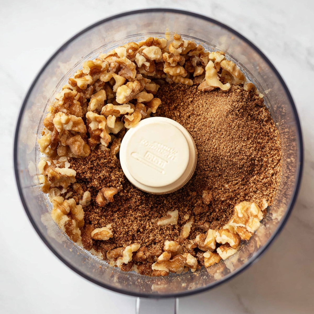 Close up of chopped nuts and ground cinnamon inside a transparent food processor bowl, viewed from above on a clean white marble countertop, rustic baking preparation scene, natural soft lighting, detailed texture of crushed walnuts and spice, minimal kitchen background, food photography style, high resolution, sharp focus, warm tones, homemade dessert preparation.
