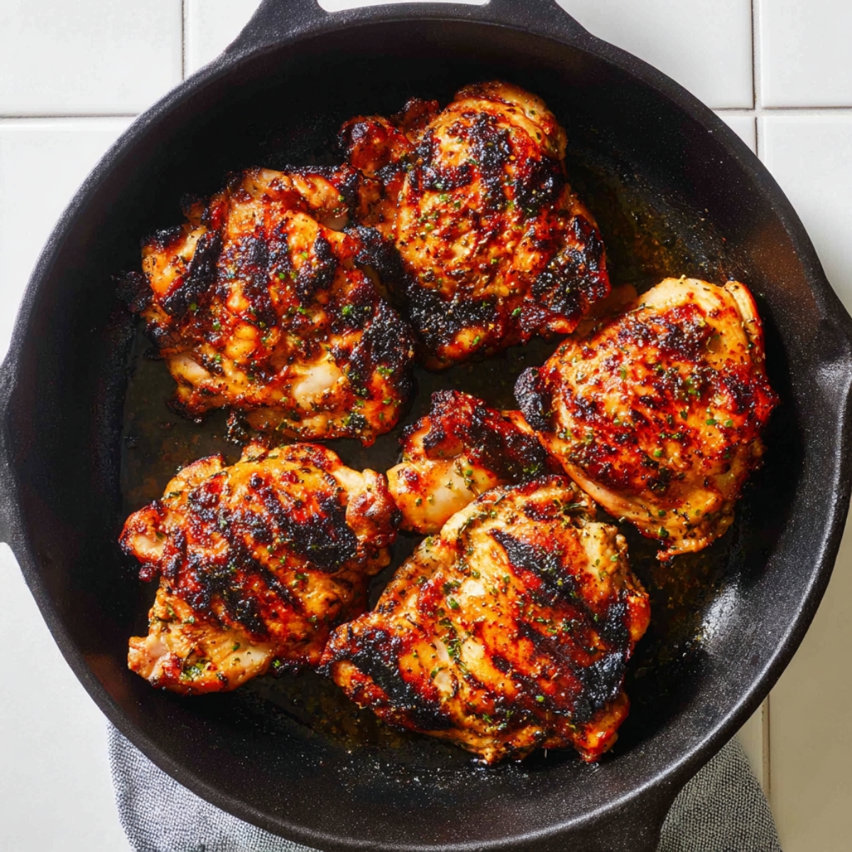 Close up of perfectly grilled chicken thighs in a black cast iron skillet, golden brown with charred edges, seasoned with herbs and spices, on a white tiled countertop, bright natural lighting, high detail, overhead food photography style