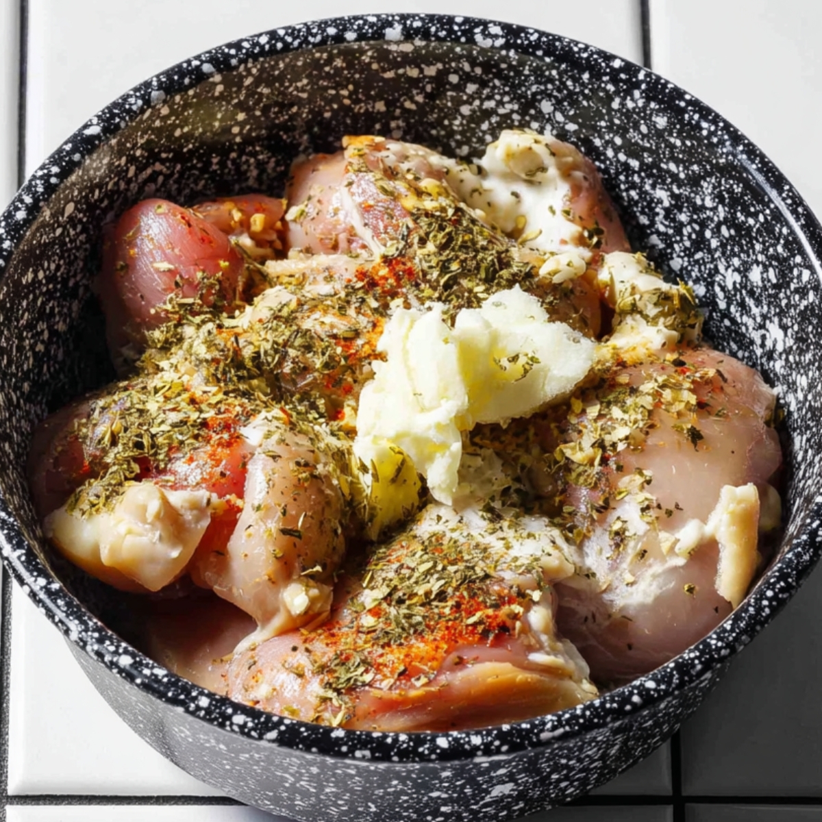 Close up of raw chicken pieces in a black and white speckled bowl, seasoned with herbs, paprika, garlic, and a dollop of butter, on a white tiled surface, bright natural lighting, high detail, food photography style