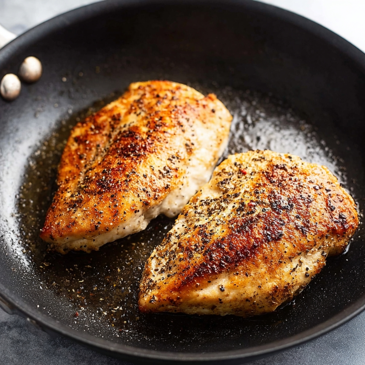 Close-up of two perfectly seared chicken breasts in a skillet, with a golden brown crust and freshly cracked black pepper, ready to be served