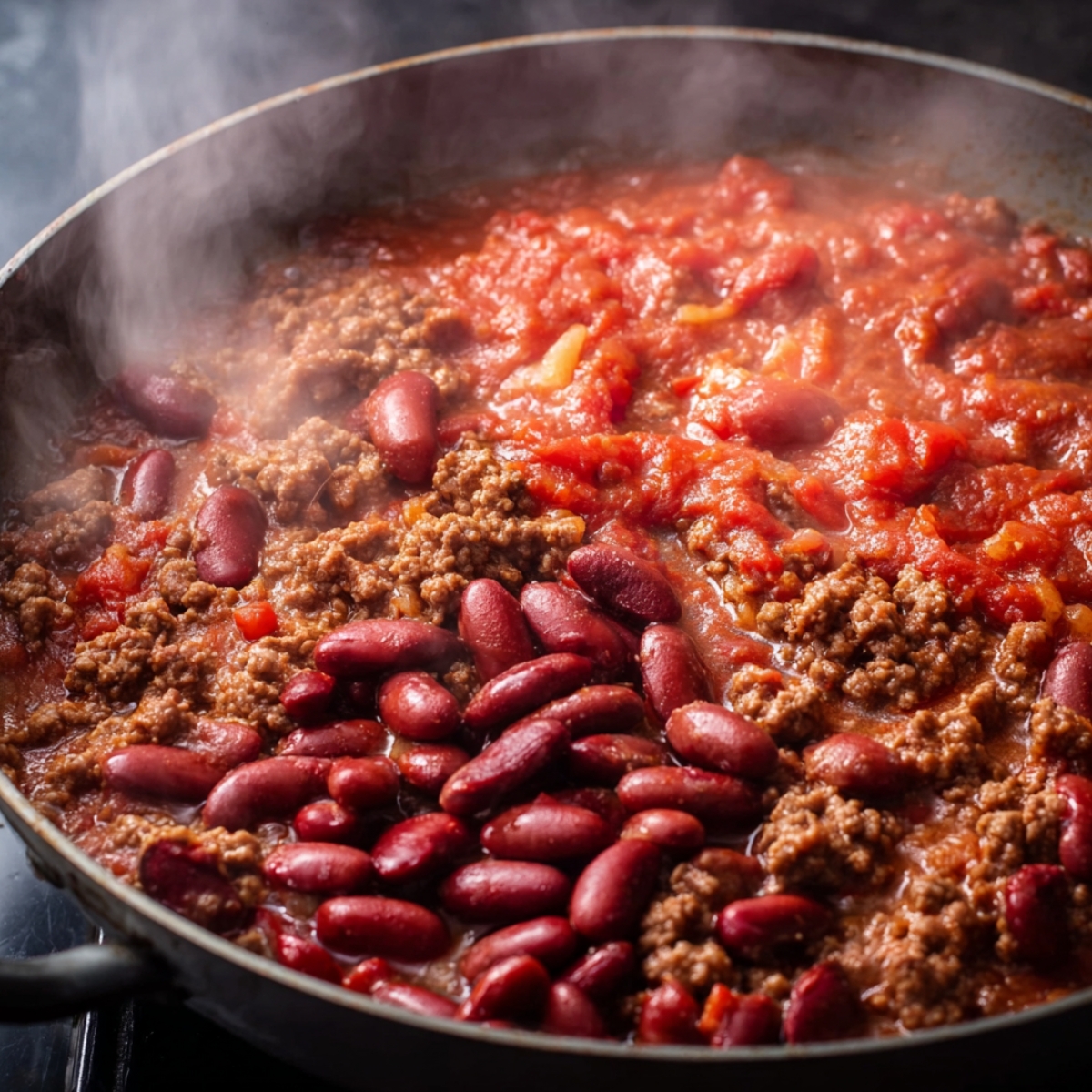 Close up of a delicious mixture of ground beef, tomato sauce, and red beans simmering together in a skillet comfort food in the making.
