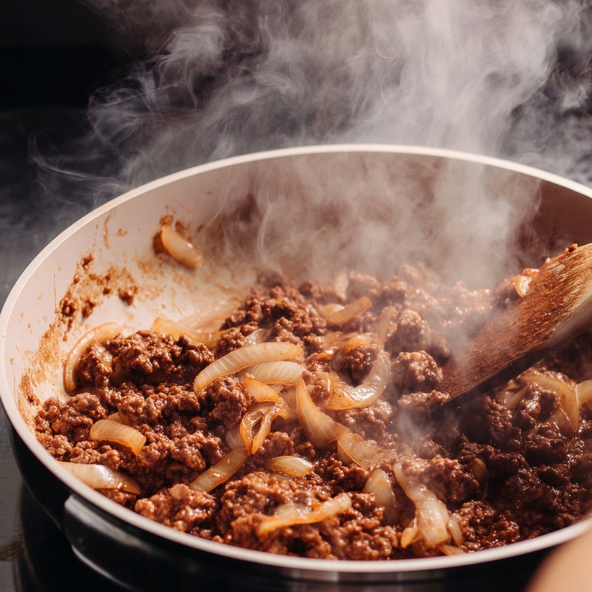 Close up of ground beef being sautéed with onions, releasing savory steam from the pan. Perfect for a hearty dish!
