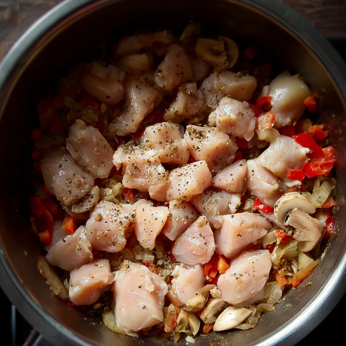 Fresh diced chicken seasoned with black pepper and salt is added to a pot filled with sautéed onions, mushrooms, garlic, and red bell peppers. This step begins building rich flavor as the chicken cooks together with the vegetables, creating the base for a hearty and delicious homemade meal.