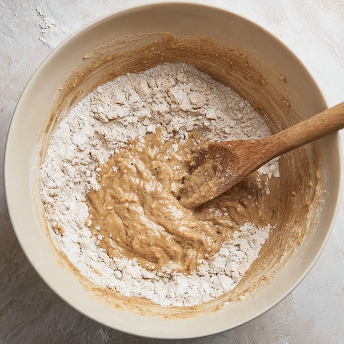 Close up of a mixing bowl filled with partially blended brown batter and flour, with a wooden spoon resting inside. The batter has a rich, textured appearance with visible air bubbles and a creamy consistency, perfect for banana bread, spice cake, or fruit loaf recipes. This top-down view captures the realistic details of flour dusting along the edges and the glossy, wet mixture in the center, emphasizing the baking process in a home kitchen. Ideal for showcasing recipe preparation, baking tutorials, or step-by-step cooking guides for Pinterest boards, food blogs, and culinary inspiration posts.
