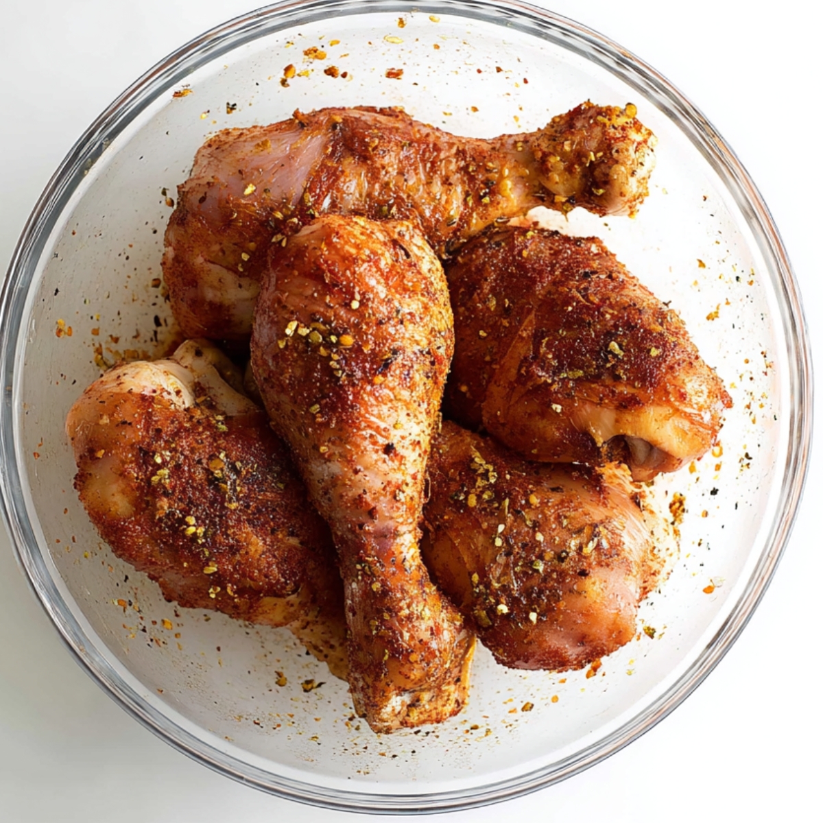 Seasoned Chicken in Bowl (Pre-Cooking) – Flavor-packed chicken drumsticks marinating in spices: a simple prep for a delicious meal