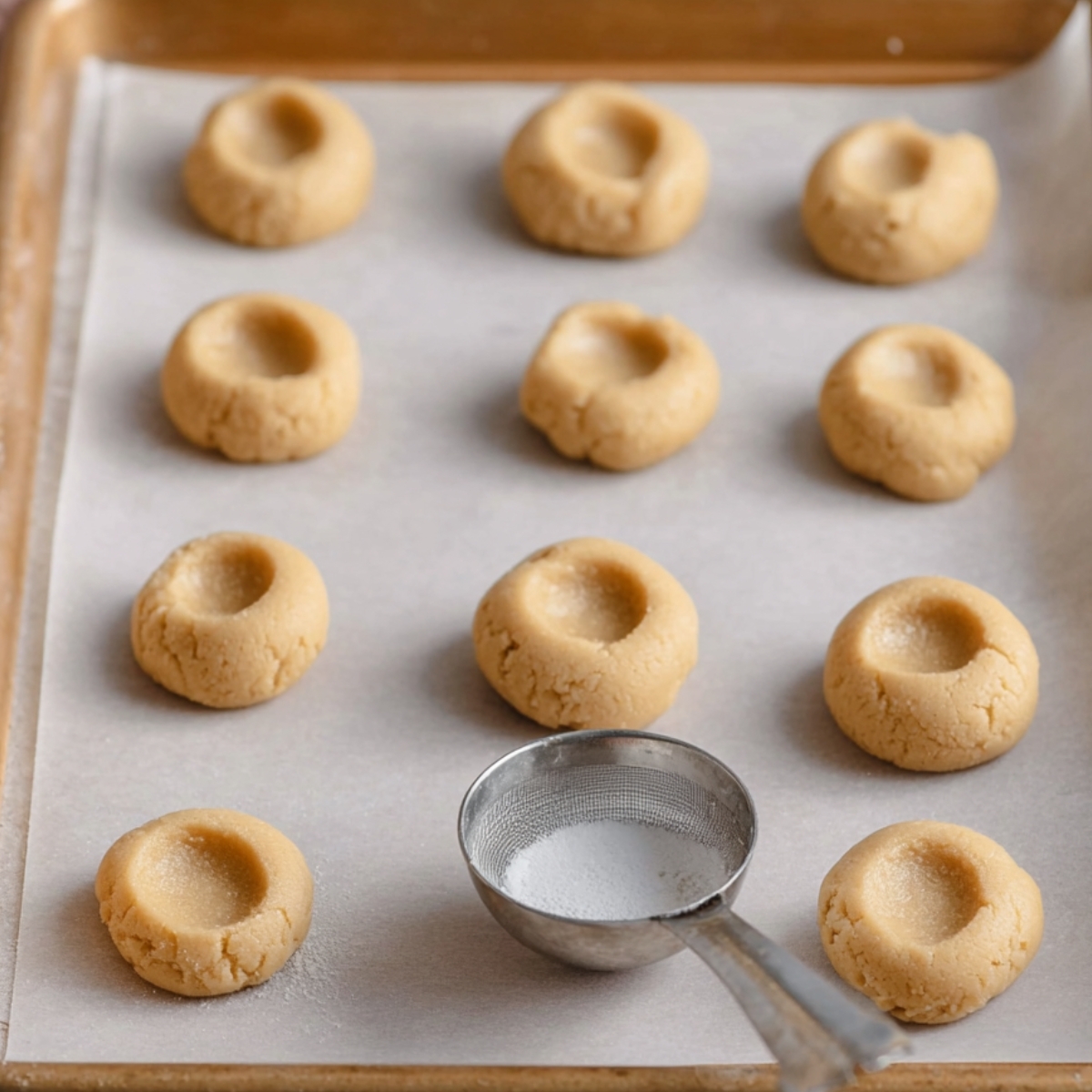 Fresh cookie dough balls pressed in the center and arranged on a baking tray, ready to be filled and baked.