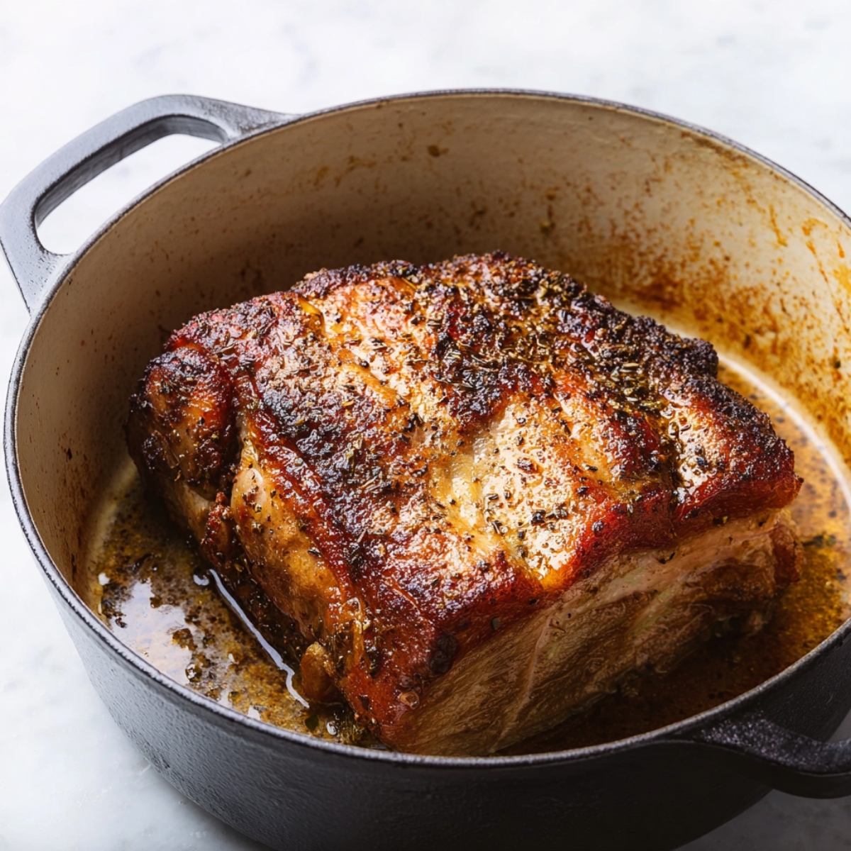 Close up of a perfectly seared pork roast in a cast iron Dutch oven, showing the rich golden-brown crust, caramelized edges, and glistening juices, with a rustic white marble background, high detail, natural lighting, appetizing food photography style.