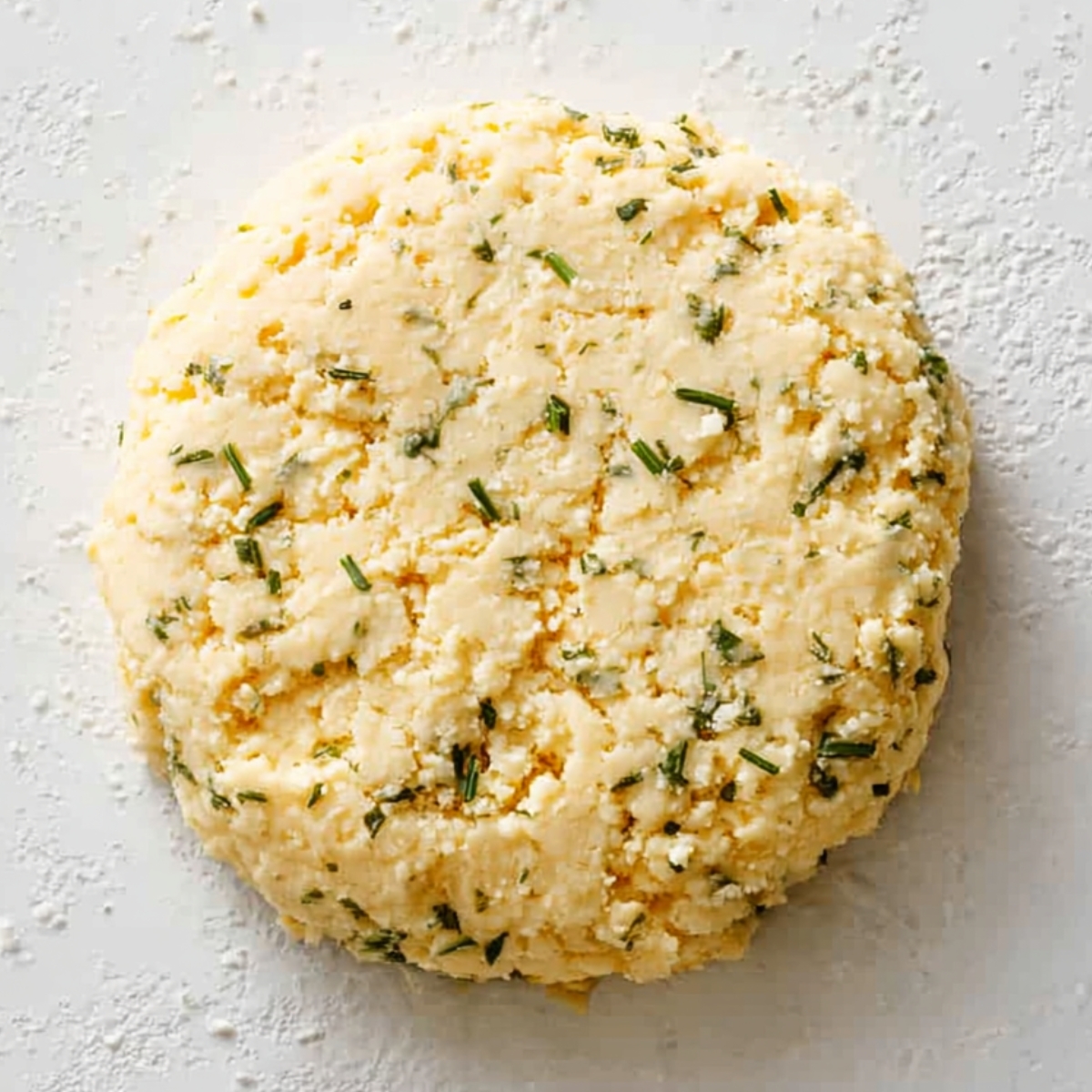 Close up of a round disk of fresh herb and cheese dough on a white textured surface, overhead view, natural lighting emphasizing the crumbly and buttery texture, small flecks of green herbs visible, styled food photography, minimalistic and clean composition.
