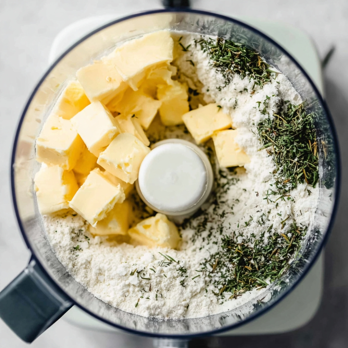 Close up of a food processor bowl filled with cubed butter, flour, and fresh herbs, top-down view, natural lighting highlighting textures, ingredients ready to be blended, crisp and clean kitchen setting, styled food photography, minimalistic and bright composition.