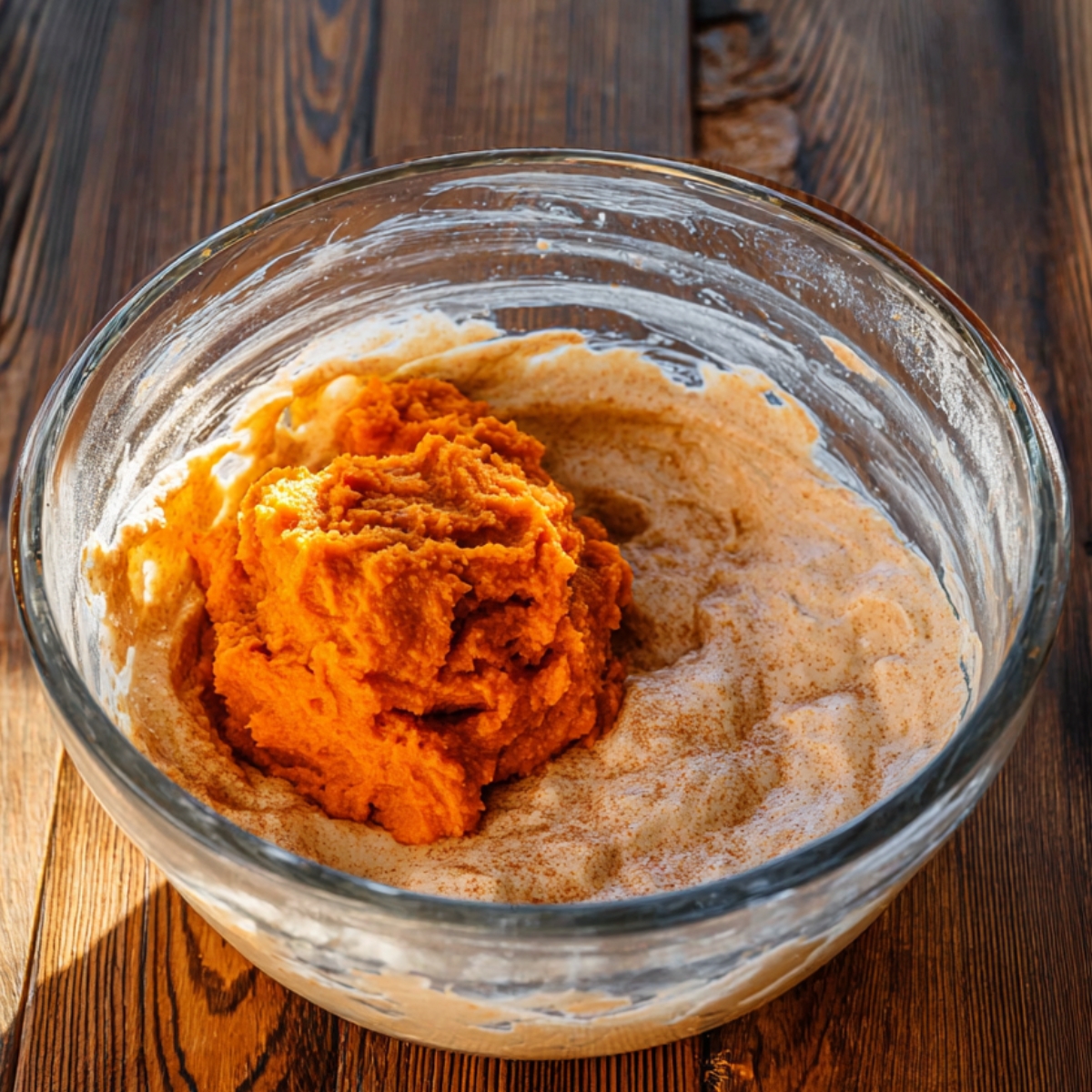 Close up of a glass mixing bowl with creamy cinnamon-spiced cheesecake batter, topped with a vibrant scoop of pumpkin puree, sitting on a rustic wooden surface, soft natural lighting highlighting the texture and rich color contrast, high-resolution food photography.