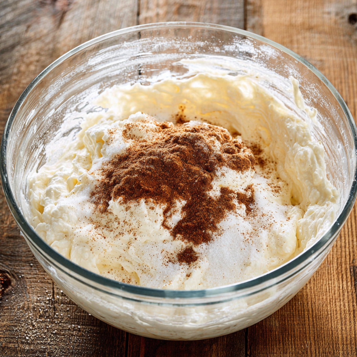 Close up of a glass mixing bowl filled with creamy cheesecake batter, topped with sugar, cinnamon, and nutmeg, sitting on a rustic wooden surface, soft natural lighting highlighting the texture of the batter, high-resolution food photography.