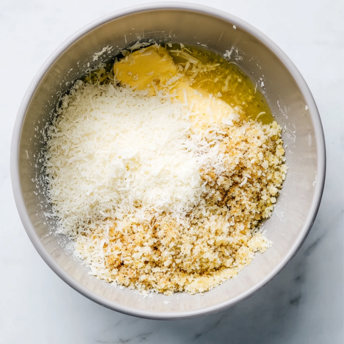Close up of a mixing bowl filled with shredded coconut, brown sugar, and melted butter on a white marble countertop, top-down view, bright natural lighting, high detail, food photography style.