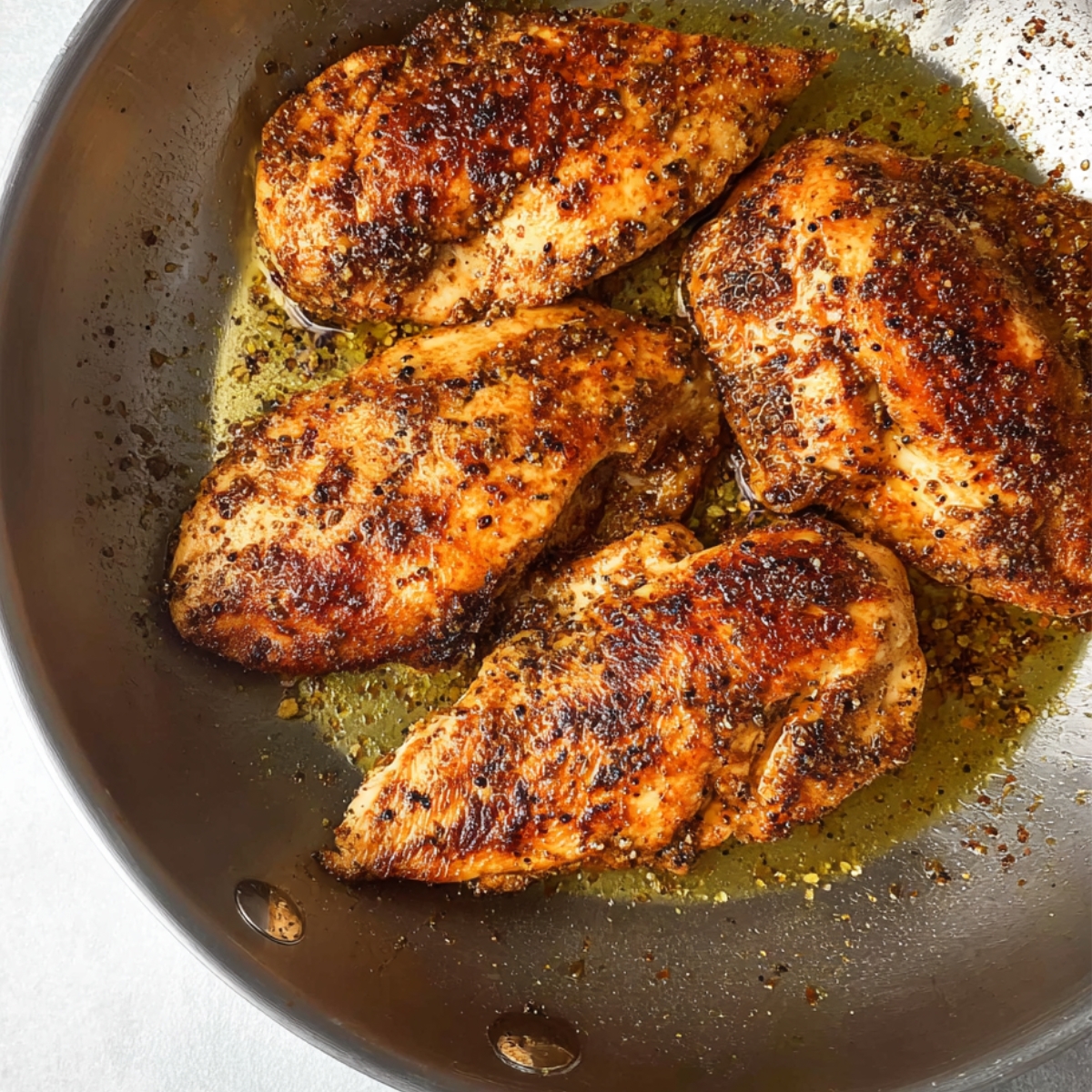 Top-down view of perfectly seared chicken breasts in a stainless steel frying pan, golden brown and glistening with flavorful spices and oil. The crisp, caramelized edges show a beautifully cooked, juicy interior, making it an ideal main dish for a wholesome dinner.
