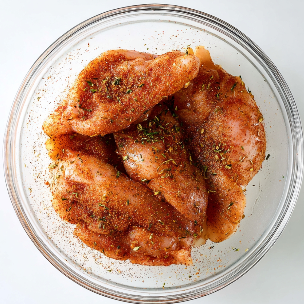 Close up of raw chicken breasts generously coated with a flavorful blend of paprika, herbs, and spices, resting in a clear glass bowl on a clean white surface. Perfectly prepped for a quick and delicious home-cooked meal, this chicken is ready to be cooked to golden perfection.