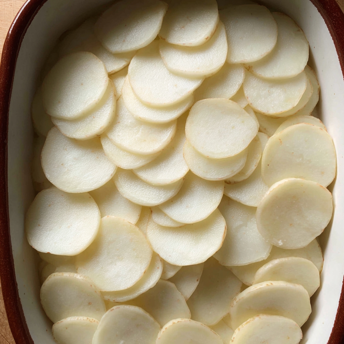 Close up of thinly sliced potatoes layered neatly in a baking dish, preparation for scalloped potatoes, clean and uniform slices, ready for creamy sauce, natural kitchen lighting, top-down view, high-detail food photography