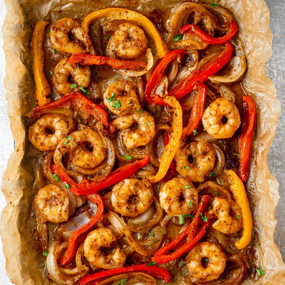 Close up of a baked sheet pan shrimp fajitas with perfectly cooked shrimp, caramelized red and yellow bell peppers, and onions, laid on parchment paper, glistening with spices and juices, vibrant colors, overhead food photography, bright natural lighting, appetizing and fresh presentation.