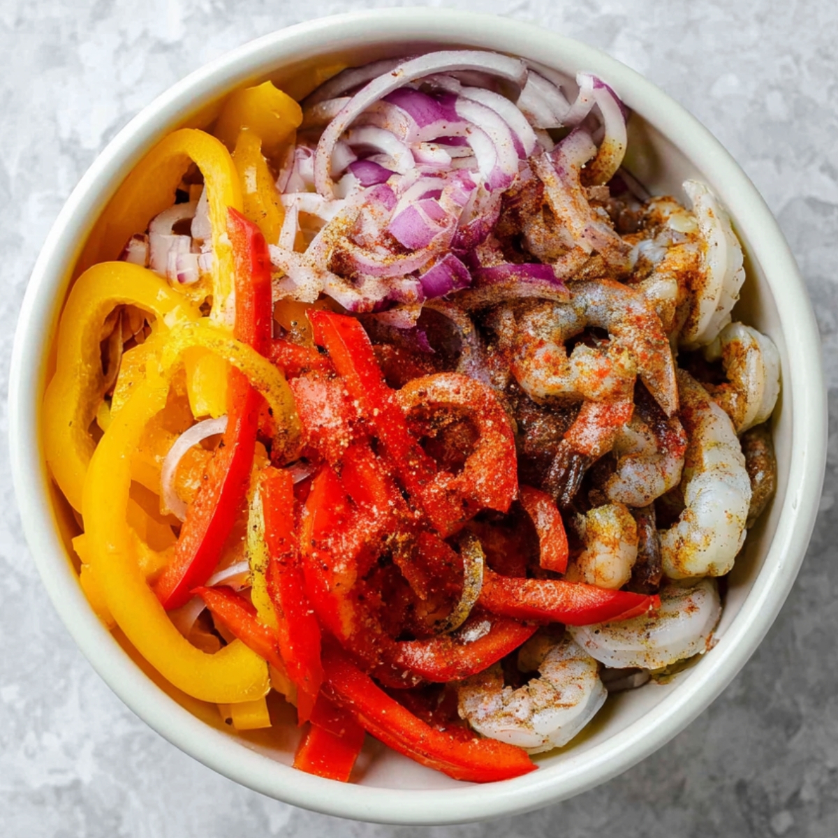 Close up of a colorful bowl of uncooked shrimp fajitas, featuring sliced red and yellow bell peppers, red onions, shrimp, and a mix of spices, set against a modern white textured background, vibrant lighting highlighting the fresh ingredients, food photography style, top-down view.