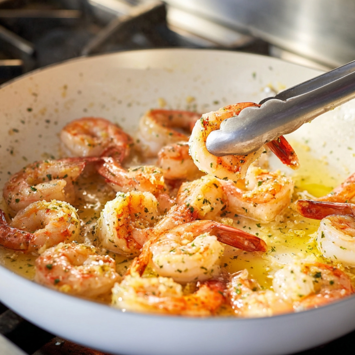 Close up of shrimp cooking in a white skillet on a stovetop, sizzling in butter and garlic, with metal tongs picking up a shrimp, warm natural lighting, high detail, realistic texture of shrimp and melted butter, culinary food photography style