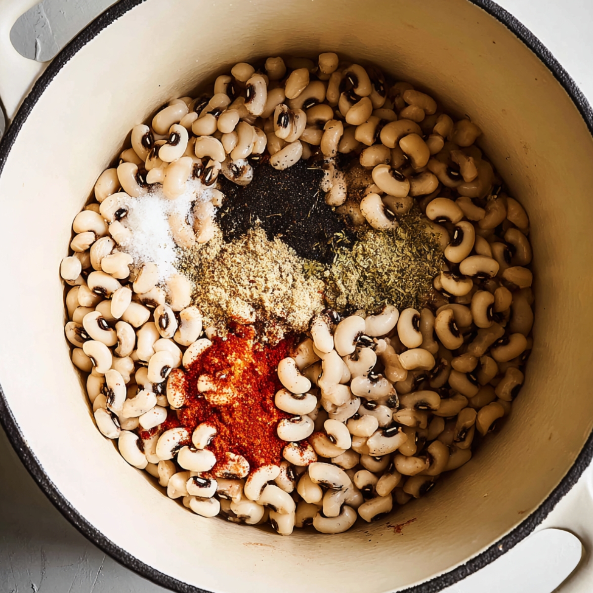 Close up of uncooked black-eyed peas with salt, pepper, paprika, and garlic powder in a white pot, bright and detailed cooking prep