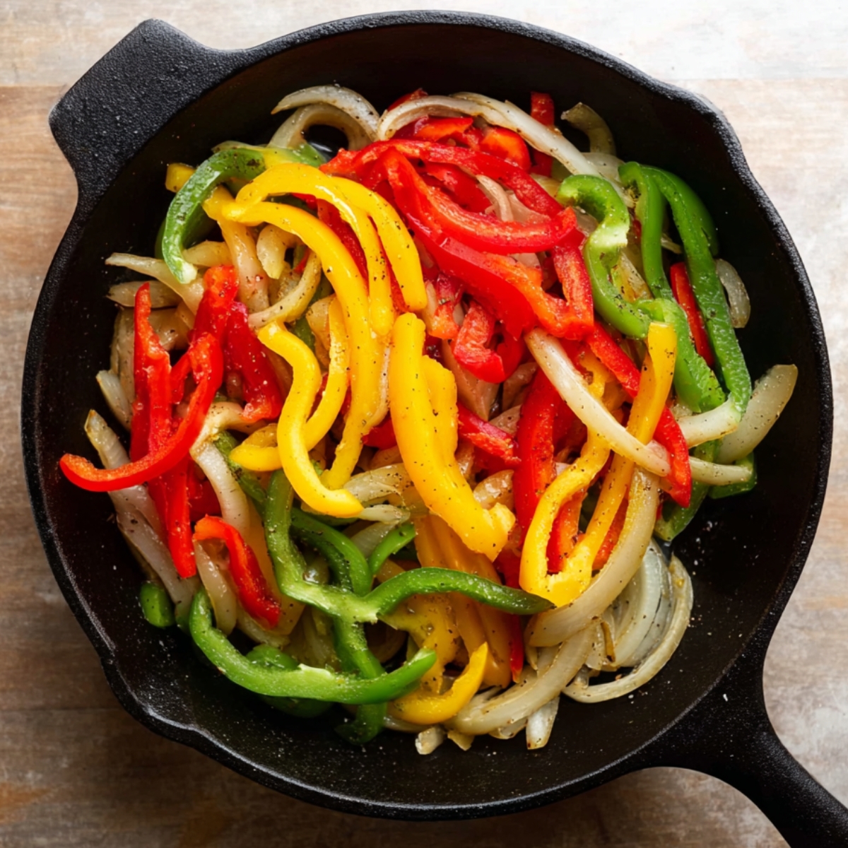 Close up of a hot skillet filled with juicy beef fajitas, colorful red and green bell peppers, and tender sautéed onions, all perfectly seasoned and garnished with fresh parsley. The vibrant colors and smoky aroma make this dish irresistible, perfect for an easy weeknight dinner or a fun taco night with family. Capture the essence of flavorful Tex-Mex cooking with every bite of these mouthwatering fajitas.