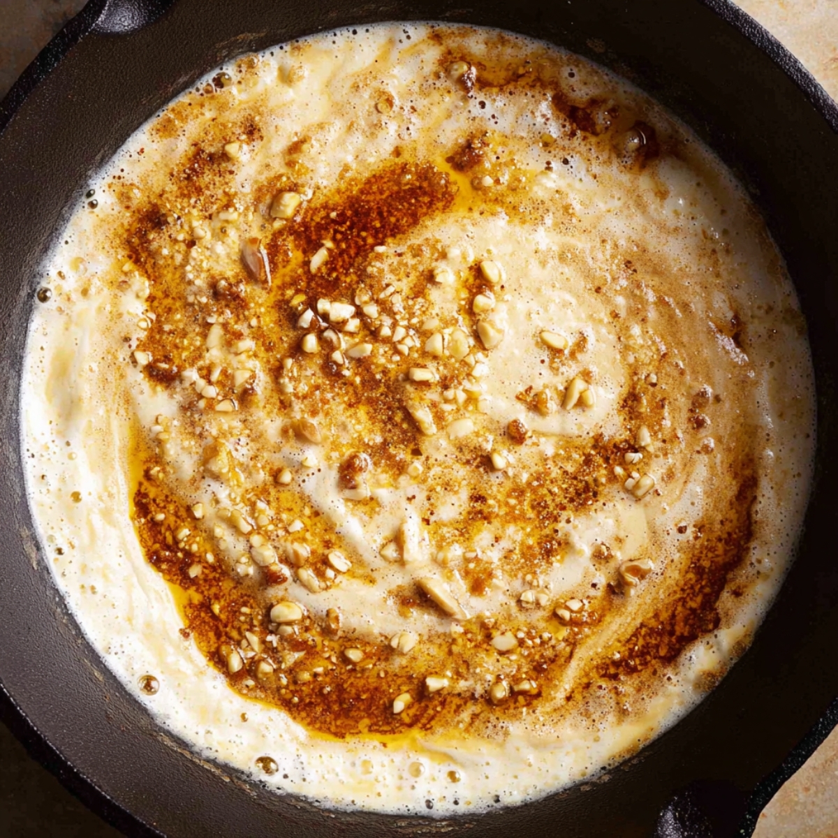 Close up of creamy garlic sauce in a cast iron skillet, rich and velvety, with browned butter and garlic bits, warm and glossy texture, top-down view, high detail, food photography style, inviting and appetizing