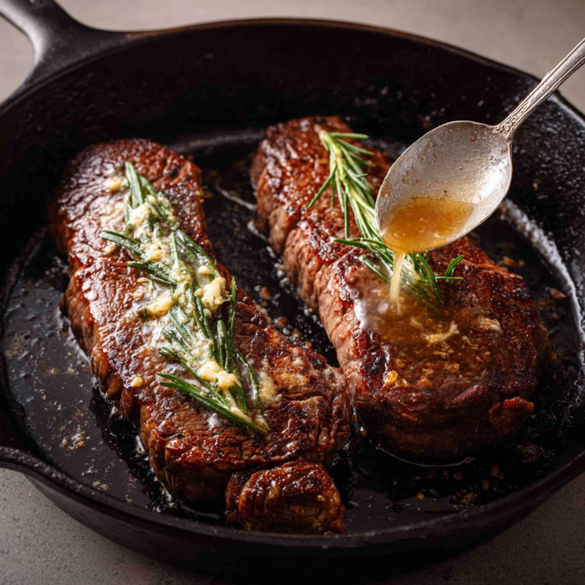 Close up of two perfectly seared steaks in a cast iron skillet, being spooned with rich garlic butter sauce, garnished with fresh rosemary, glistening juices, warm and appetizing, high detail, cinematic lighting, food photography style