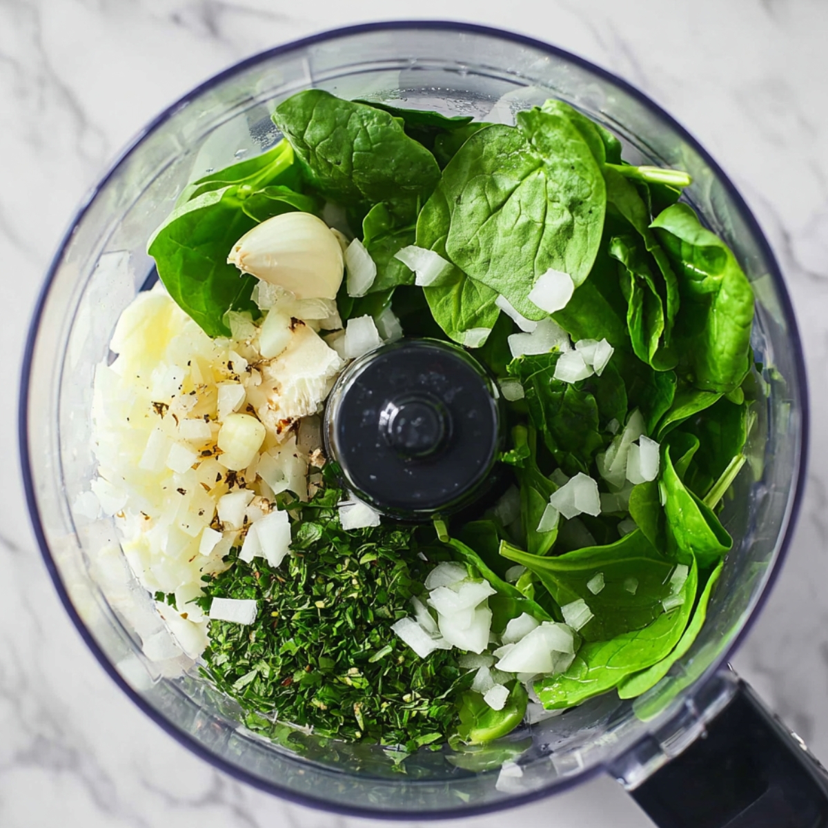 Close up of fresh spinach, chopped onions, garlic, and herbs in a food processor ready to be blended, bright natural lighting, top-down view, clean marble background, vibrant green colors, high detail, culinary preparation photography
