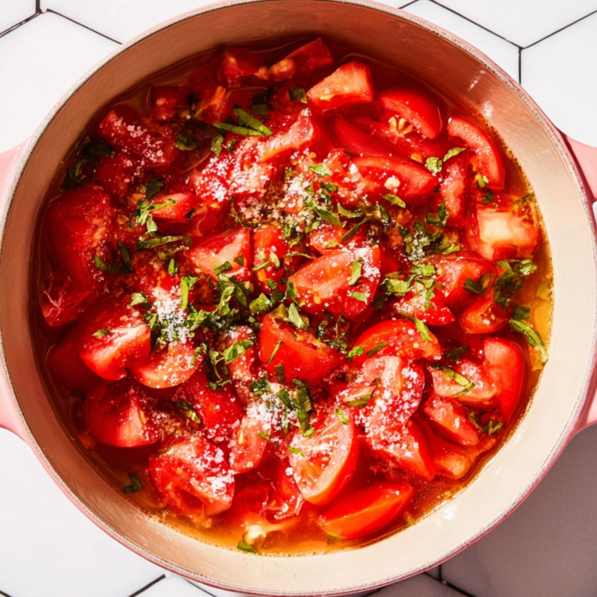 Close up of a pink enameled pot filled with diced carrots, onions, and parsnips in oil, arranged in a colorful pattern, top-down view, bright natural lighting, clean kitchen countertop background, food preparation photography style